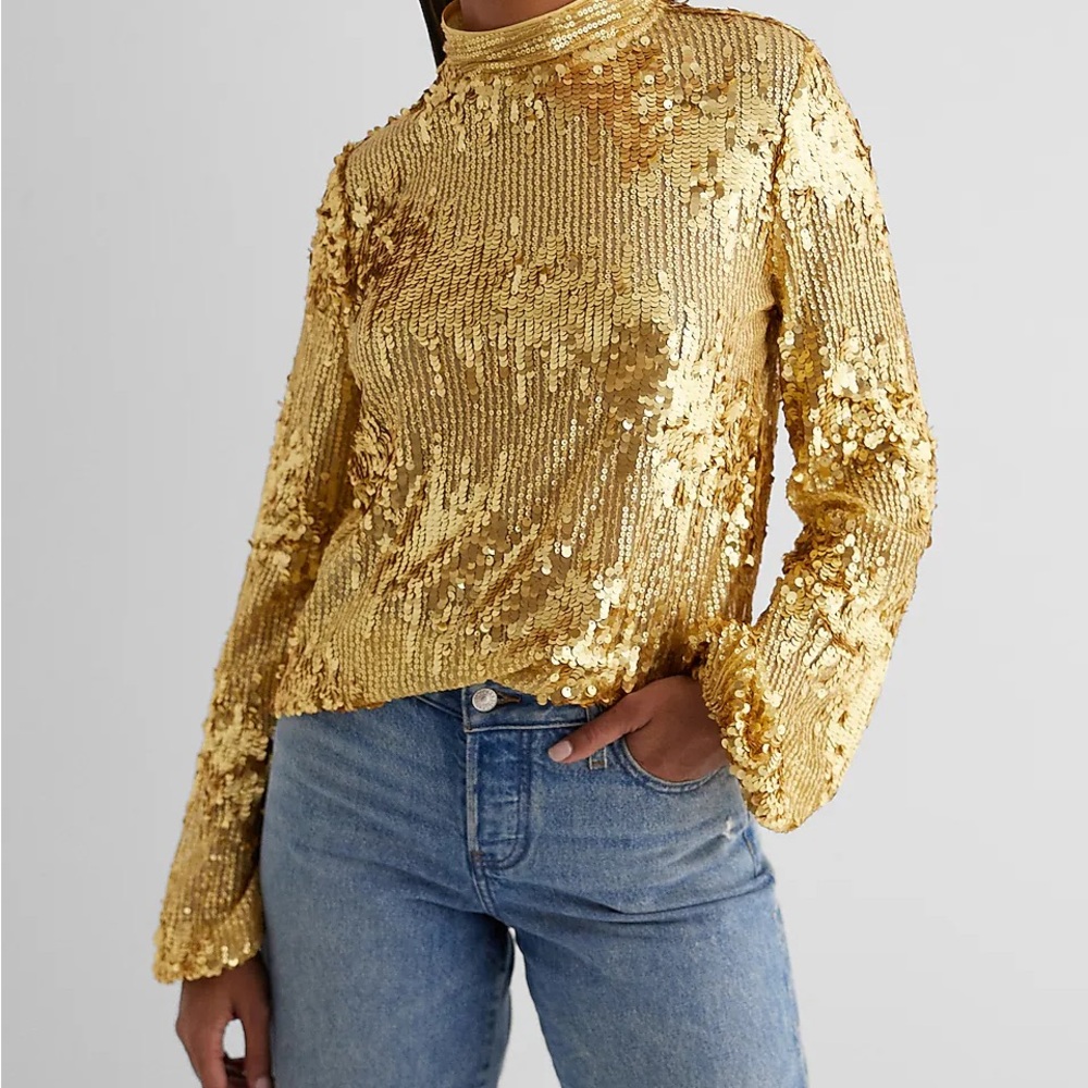 Express Sequin Mock Neck Balloon Sleeve Top - NWT